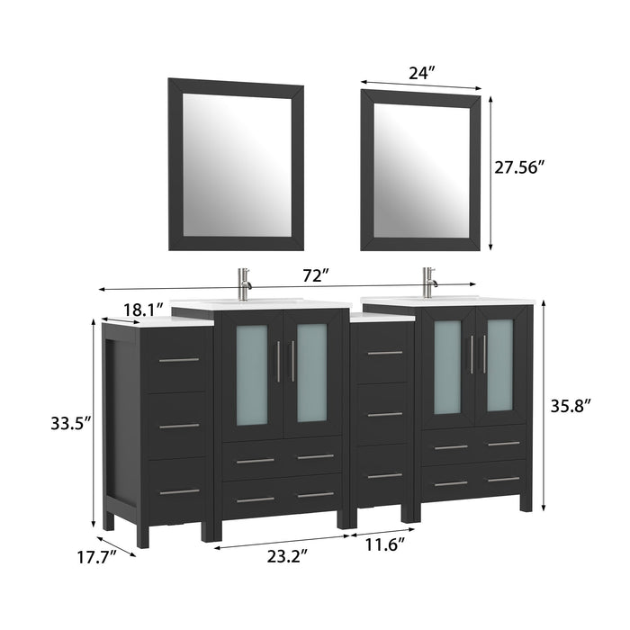 72" Double Sink Modern Bathroom Vanity Set with Ceramic Top & Two Free Mirrors – Large Storage Cabinet with 4 Cabinets VA3024-72 - HomeBeyond