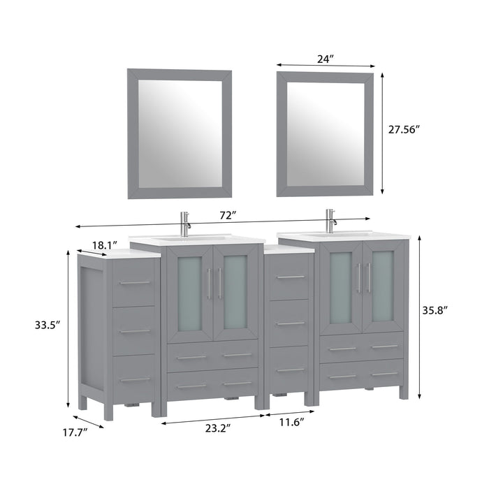 72" Double Sink Modern Bathroom Vanity Set with Ceramic Top & Two Free Mirrors – Large Storage Cabinet with 4 Cabinets VA3024-72 - HomeBeyond
