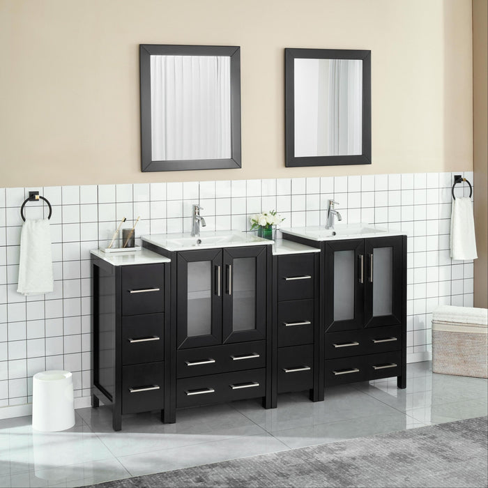 72" Double Sink Modern Bathroom Vanity Set with Ceramic Top & Two Free Mirrors – Large Storage Cabinet with 4 Cabinets VA3024-72 - HomeBeyond