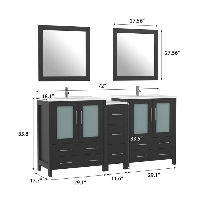 72" Double Sink Modern Bathroom Vanity Set with White Ceramic Top & Free Mirrors – Large Storage Cabinet with 7 Drawers VA3030-72 - HomeBeyond