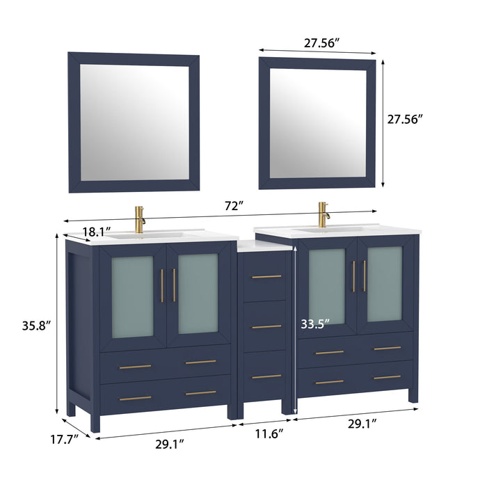 72" Double Sink Modern Bathroom Vanity Set with White Ceramic Top & Free Mirrors – Large Storage Cabinet with 7 Drawers VA3030-72 - HomeBeyond