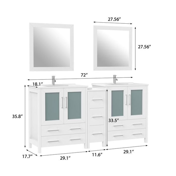 72" Double Sink Modern Bathroom Vanity Set with White Ceramic Top & Free Mirrors – Large Storage Cabinet with 7 Drawers VA3030-72 - HomeBeyond