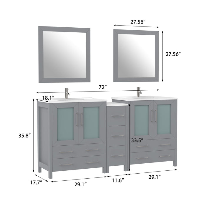 72" Double Sink Modern Bathroom Vanity Set with White Ceramic Top & Free Mirrors – Large Storage Cabinet with 7 Drawers VA3030-72 - HomeBeyond