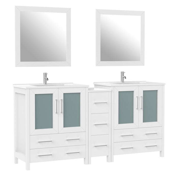 72" Double Sink Modern Bathroom Vanity Set with White Ceramic Top & Free Mirrors – Large Storage Cabinet with 7 Drawers VA3030-72 - HomeBeyond
