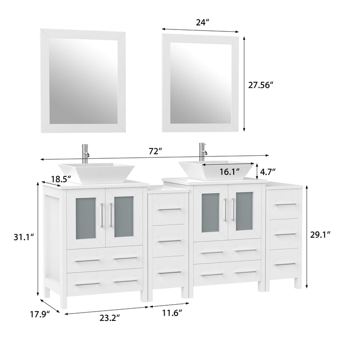 72" Double Sink Modern Bathroom Vanity Set with White Engineered Marble Top & Free Mirrors – Large Storage Cabinet with 10 Drawers VA3124-72 - HomeBeyond