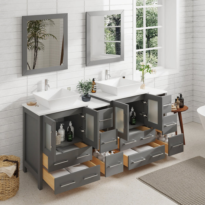 72" Double Sink Modern Bathroom Vanity Set with White Engineered Marble Top & Free Mirrors – Large Storage Cabinet with 10 Drawers VA3124-72 - HomeBeyond