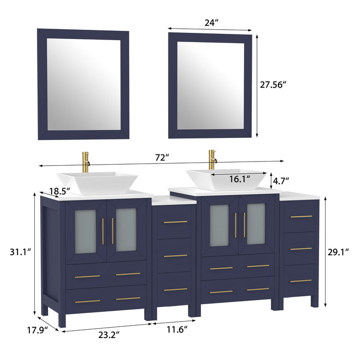72" Double Sink Modern Bathroom Vanity Set with White Engineered Marble Top & Free Mirrors – Large Storage Cabinet with 10 Drawers VA3124-72 - HomeBeyond
