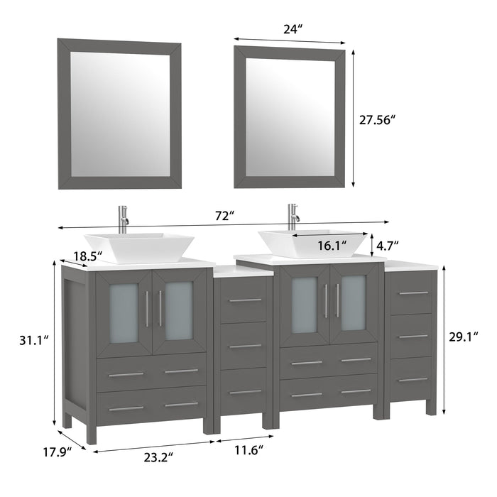 72" Double Sink Modern Bathroom Vanity Set with White Engineered Marble Top & Free Mirrors – Large Storage Cabinet with 10 Drawers VA3124-72 - HomeBeyond