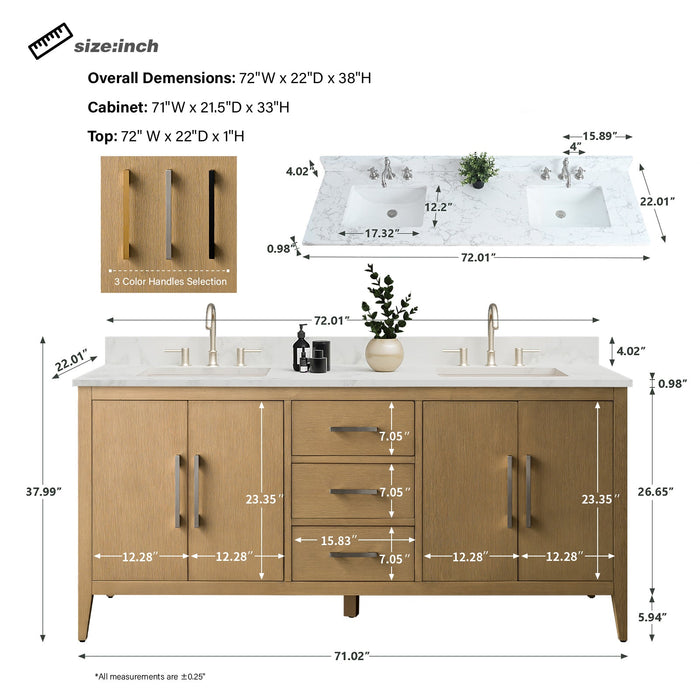 72" Double Sink Modern Freestanding Bathroom Vanity Set with Arabescato White Engineered Marble Top – Storage Cabinet with Soft-Closing Doors & Drawers VA9072 - HomeBeyond