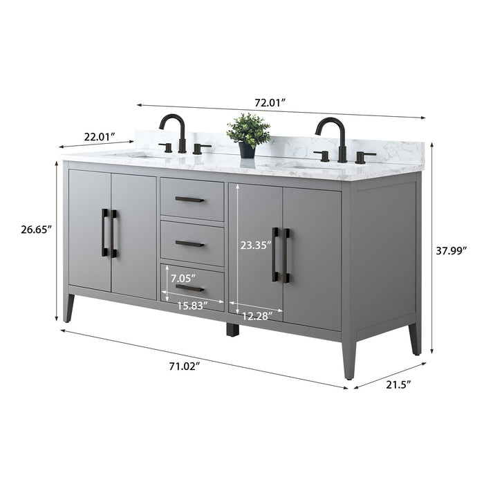 72" Double Sink Modern Freestanding Bathroom Vanity Set with Arabescato White Engineered Marble Top – Storage Cabinet with Soft-Closing Doors & Drawers VA9072 - HomeBeyond