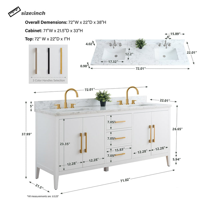 72" Double Sink Modern Freestanding Bathroom Vanity Set with Arabescato White Engineered Marble Top – Storage Cabinet with Soft-Closing Doors & Drawers VA9072 - HomeBeyond