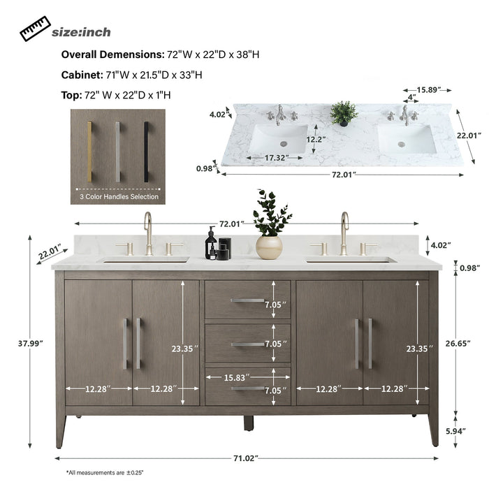 72" Double Sink Modern Freestanding Bathroom Vanity Set with Arabescato White Engineered Marble Top – Storage Cabinet with Soft-Closing Doors & Drawers VA9072 - HomeBeyond