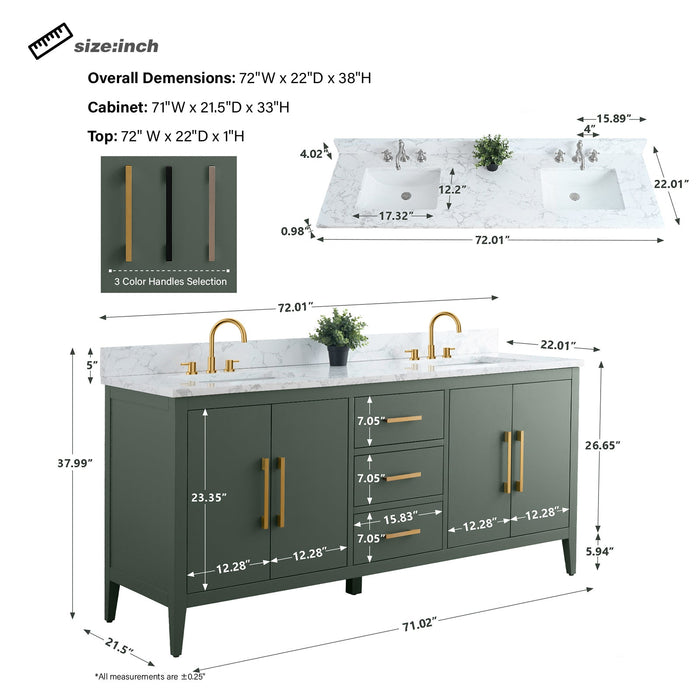 72" Double Sink Modern Freestanding Bathroom Vanity Set with Arabescato White Engineered Marble Top – Storage Cabinet with Soft-Closing Doors & Drawers VA9072 - HomeBeyond
