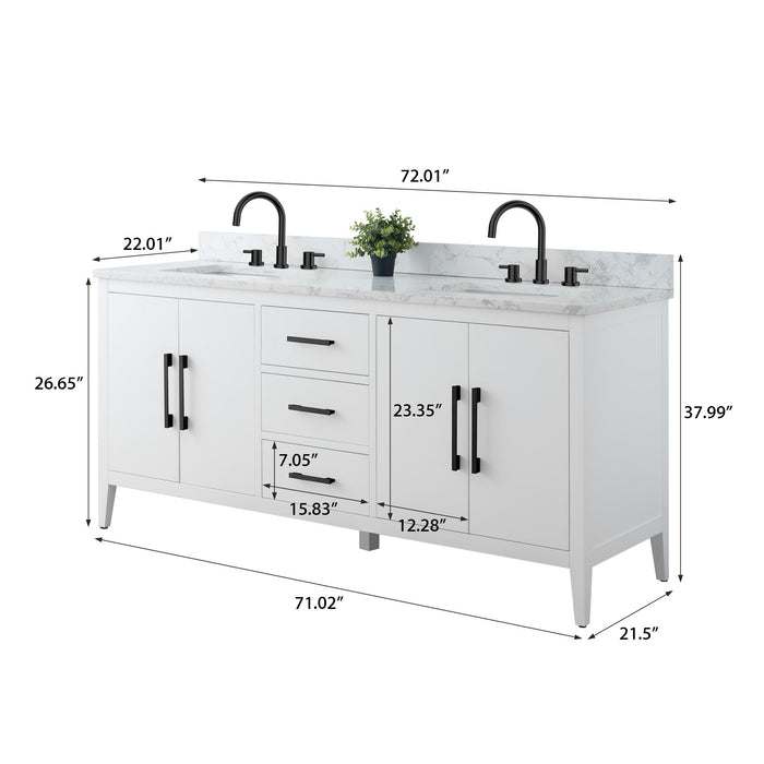72" Double Sink Modern Freestanding Bathroom Vanity Set with Arabescato White Engineered Marble Top – Storage Cabinet with Soft-Closing Doors & Drawers VA9072 - HomeBeyond
