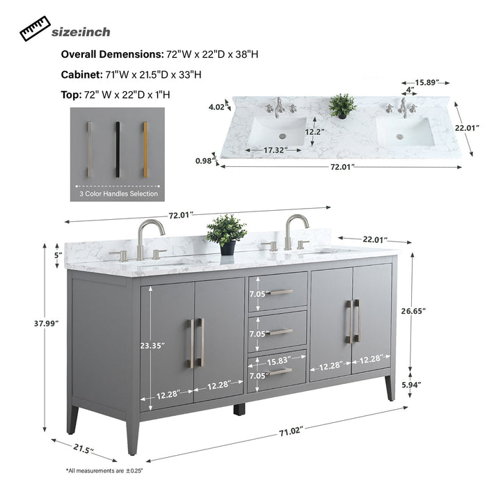 72" Double Sink Modern Freestanding Bathroom Vanity Set with Arabescato White Engineered Marble Top – Storage Cabinet with Soft-Closing Doors & Drawers VA9072 - HomeBeyond