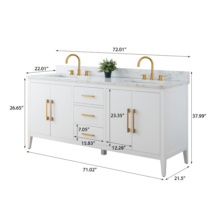 72" Double Sink Modern Freestanding Bathroom Vanity Set with Arabescato White Engineered Marble Top – Storage Cabinet with Soft-Closing Doors & Drawers VA9072 - HomeBeyond