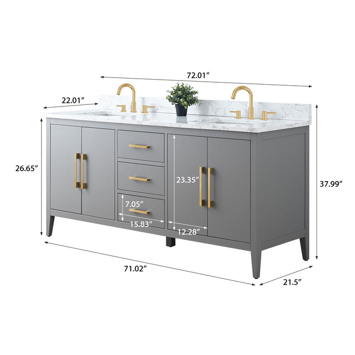 72" Double Sink Modern Freestanding Bathroom Vanity Set with Arabescato White Engineered Marble Top – Storage Cabinet with Soft-Closing Doors & Drawers VA9072 - HomeBeyond
