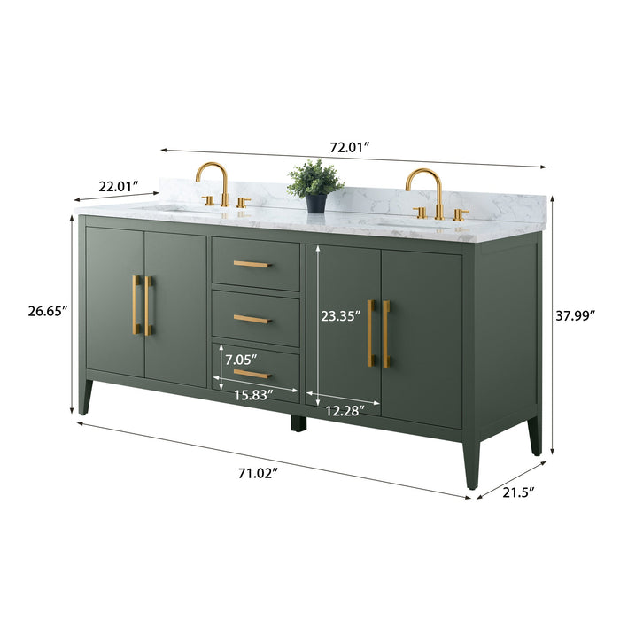 72" Double Sink Modern Freestanding Bathroom Vanity Set with Arabescato White Engineered Marble Top – Storage Cabinet with Soft-Closing Doors & Drawers VA9072 - HomeBeyond