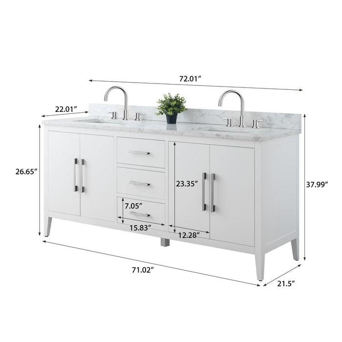 72" Double Sink Modern Freestanding Bathroom Vanity Set with Arabescato White Engineered Marble Top – Storage Cabinet with Soft-Closing Doors & Drawers VA9072 - HomeBeyond