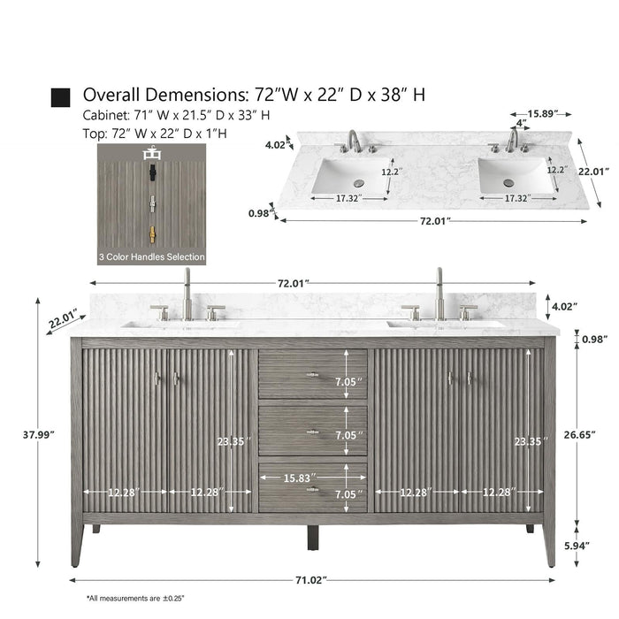 72" Double Sink Modern Freestanding Solid Wood Bathroom Vanity Set with Engineered Marble Top – Storage Cabinet with Soft-Closing Doors & Drawers VA9172D - HomeBeyond