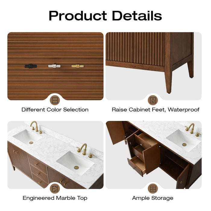 72" Double Sink Modern Freestanding Solid Wood Bathroom Vanity Set with Engineered Marble Top – Storage Cabinet with Soft-Closing Doors & Drawers VA9172D - HomeBeyond