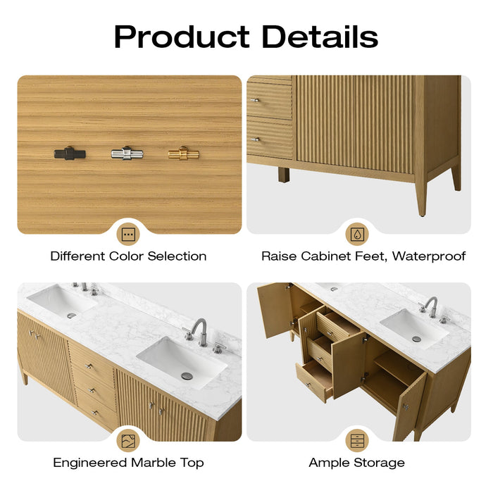 72" Double Sink Modern Freestanding Solid Wood Bathroom Vanity Set with Engineered Marble Top – Storage Cabinet with Soft-Closing Doors & Drawers VA9172D - HomeBeyond