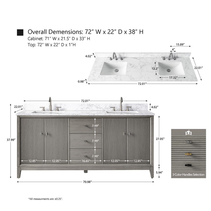 72" Double Sink Modern Freestanding Solid Wood Bathroom Vanity Set with White Engineered Marble Top – Storage Cabinet with Soft-Closing Doors & Drawers VA8172D - HomeBeyond