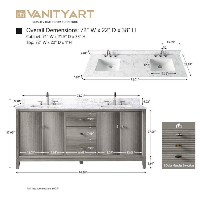 72" Double Sink Modern Freestanding Solid Wood Bathroom Vanity Set with White Engineered Marble Top – Storage Cabinet with Soft-Closing Doors & Drawers VA8172D - HomeBeyond