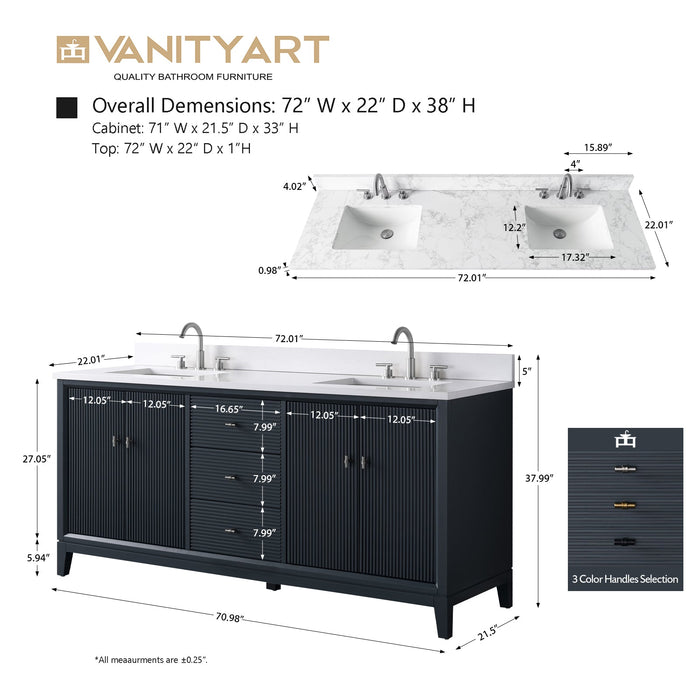 72" Double Sink Modern Freestanding Solid Wood Bathroom Vanity Set with White Engineered Marble Top – Storage Cabinet with Soft-Closing Doors & Drawers VA8172D - HomeBeyond