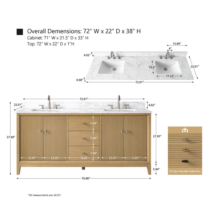 72" Double Sink Modern Freestanding Solid Wood Bathroom Vanity Set with White Engineered Marble Top – Storage Cabinet with Soft-Closing Doors & Drawers VA8172D - HomeBeyond