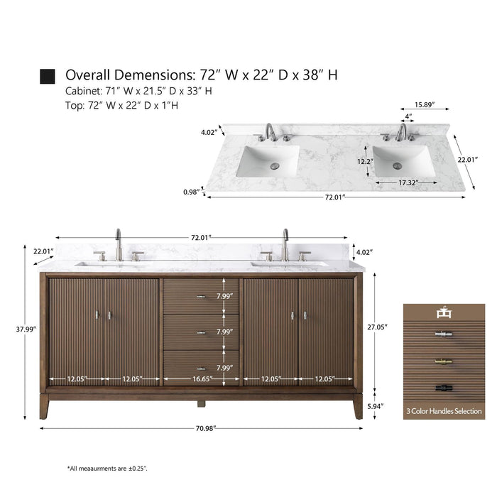 72" Double Sink Modern Freestanding Solid Wood Bathroom Vanity Set with White Engineered Marble Top – Storage Cabinet with Soft-Closing Doors & Drawers VA8172D - HomeBeyond