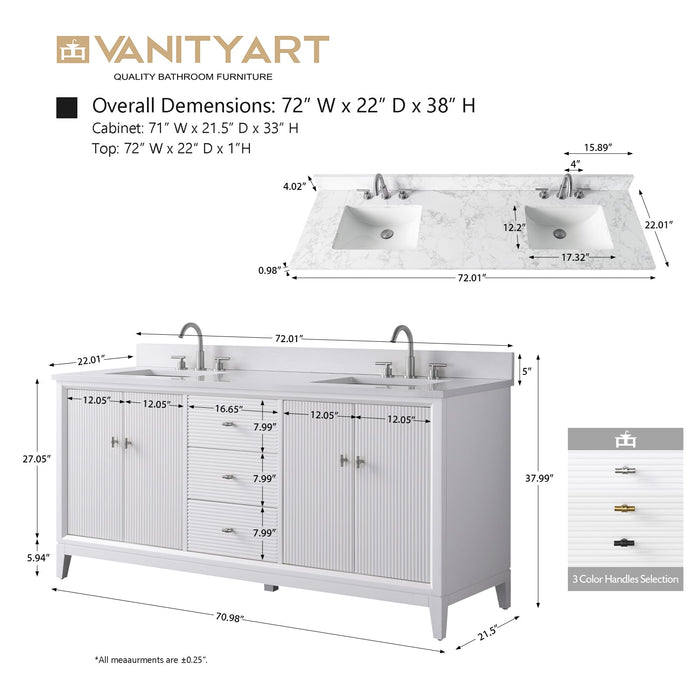 72" Double Sink Modern Freestanding Solid Wood Bathroom Vanity Set with White Engineered Marble Top – Storage Cabinet with Soft-Closing Doors & Drawers VA8172D - HomeBeyond