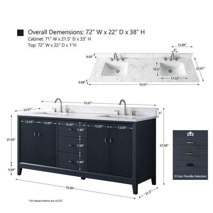 72" Double Sink Modern Freestanding Solid Wood Bathroom Vanity Set with White Engineered Marble Top – Storage Cabinet with Soft-Closing Doors & Drawers VA8172D - HomeBeyond