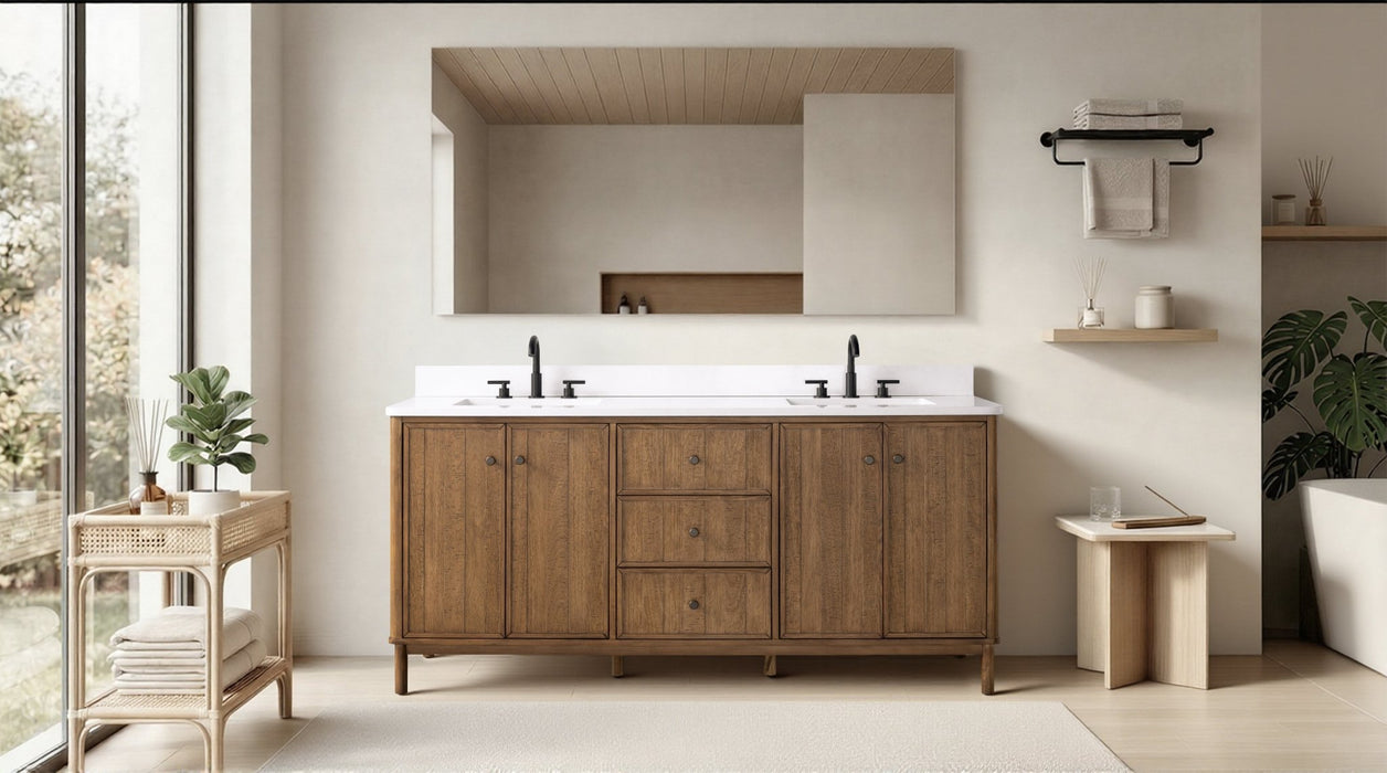 72" Freestanding Bathroom Vanity with Milano Mist Engineered Stone Countertop, Integrated Ceramic Sink, Hidden Power & USB Charging Station and Hair Dryer Storage - HomeBeyond