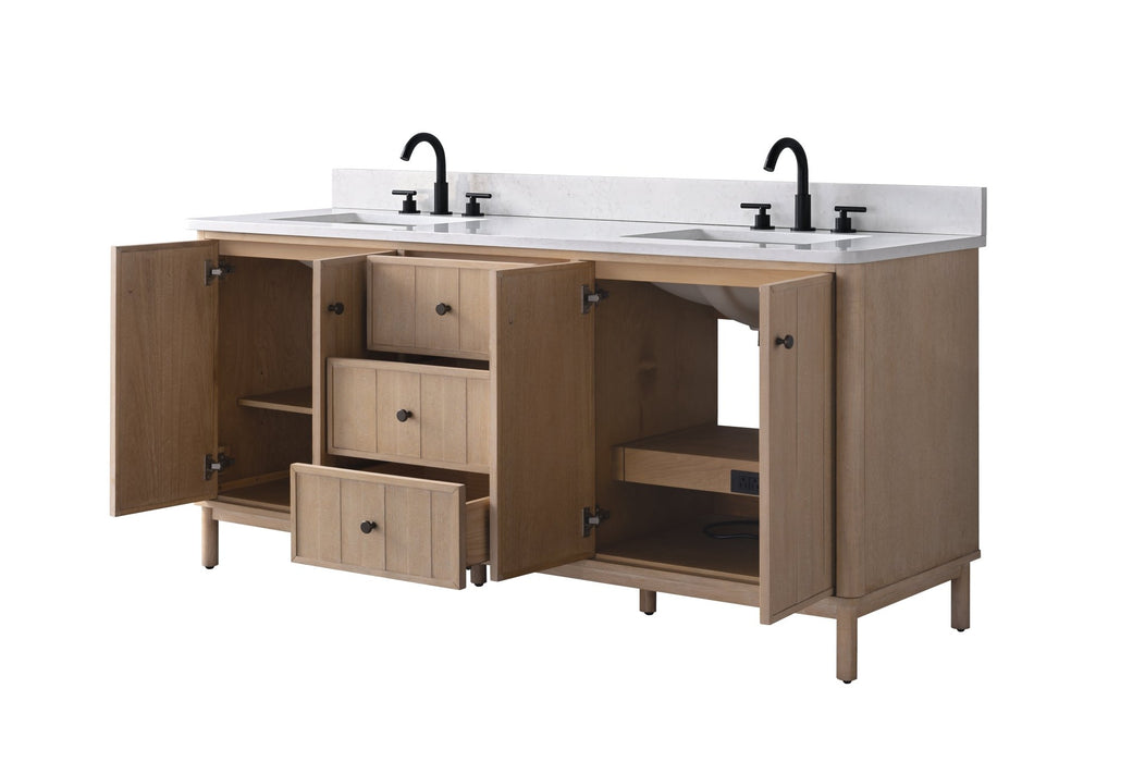 72" Freestanding Bathroom Vanity with Milano Mist Engineered Stone Countertop, Integrated Ceramic Sink, Hidden Power & USB Charging Station and Hair Dryer Storage - HomeBeyond