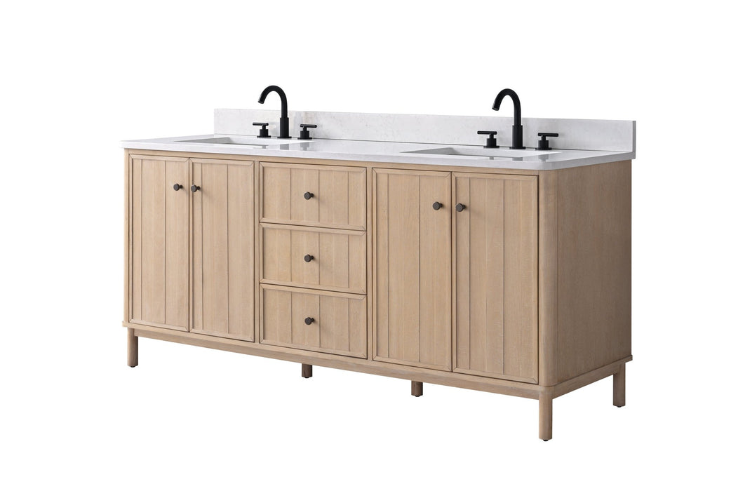 72" Freestanding Bathroom Vanity with Milano Mist Engineered Stone Countertop, Integrated Ceramic Sink, Hidden Power & USB Charging Station and Hair Dryer Storage - HomeBeyond