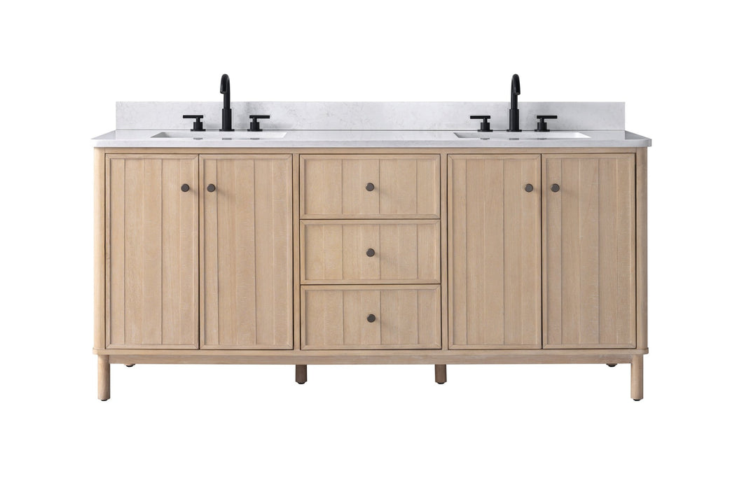 72" Freestanding Bathroom Vanity with Milano Mist Engineered Stone Countertop, Integrated Ceramic Sink, Hidden Power & USB Charging Station and Hair Dryer Storage - HomeBeyond