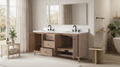 72" Freestanding Bathroom Vanity with Milano Mist Engineered Stone Countertop, Integrated Ceramic Sink, Hidden Power & USB Charging Station and Hair Dryer Storage - HomeBeyond
