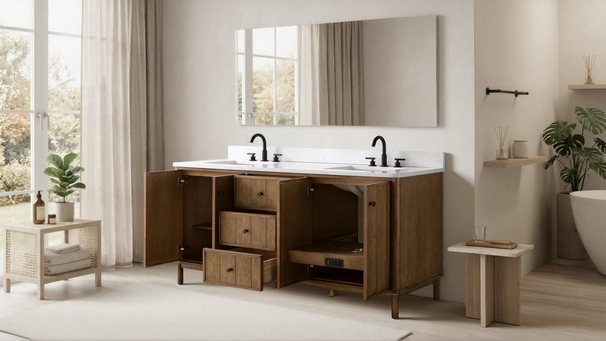 72" Freestanding Bathroom Vanity with Milano Mist Engineered Stone Countertop, Integrated Ceramic Sink, Hidden Power & USB Charging Station and Hair Dryer Storage - HomeBeyond