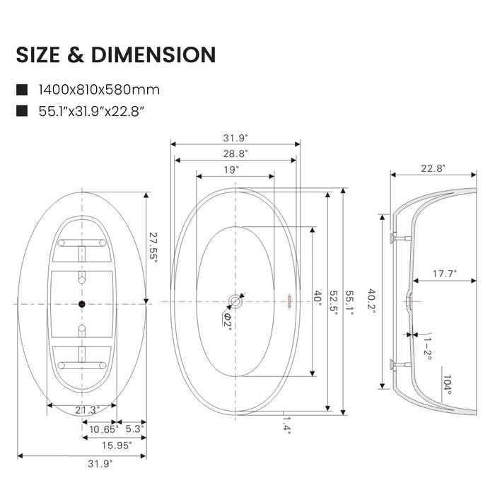 55" x 32" Freestanding Bathtub, Contemporary Design for Soaking and Bathing with Overflow and Pop-up Drain