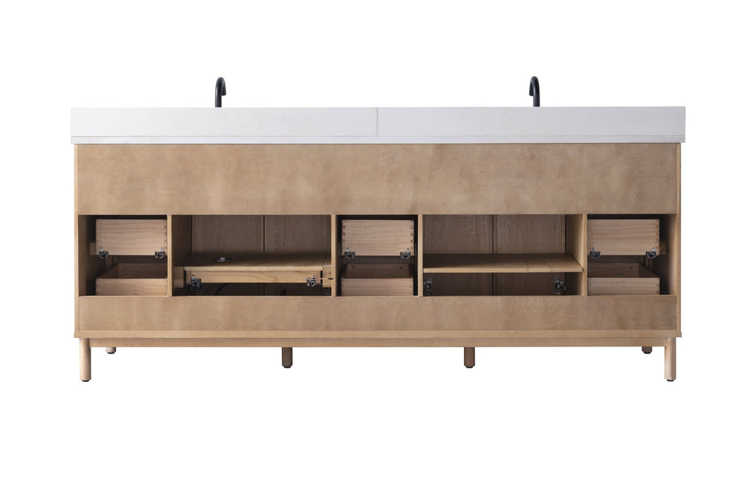 84" Double Sink Freestanding Bathroom Vanity with Milano Mist Engineered Stone Countertop, Integrated Ceramic Sink, Hidden Power & USB Charging Station and Hair Dryer Storage VA1284D - HomeBeyond