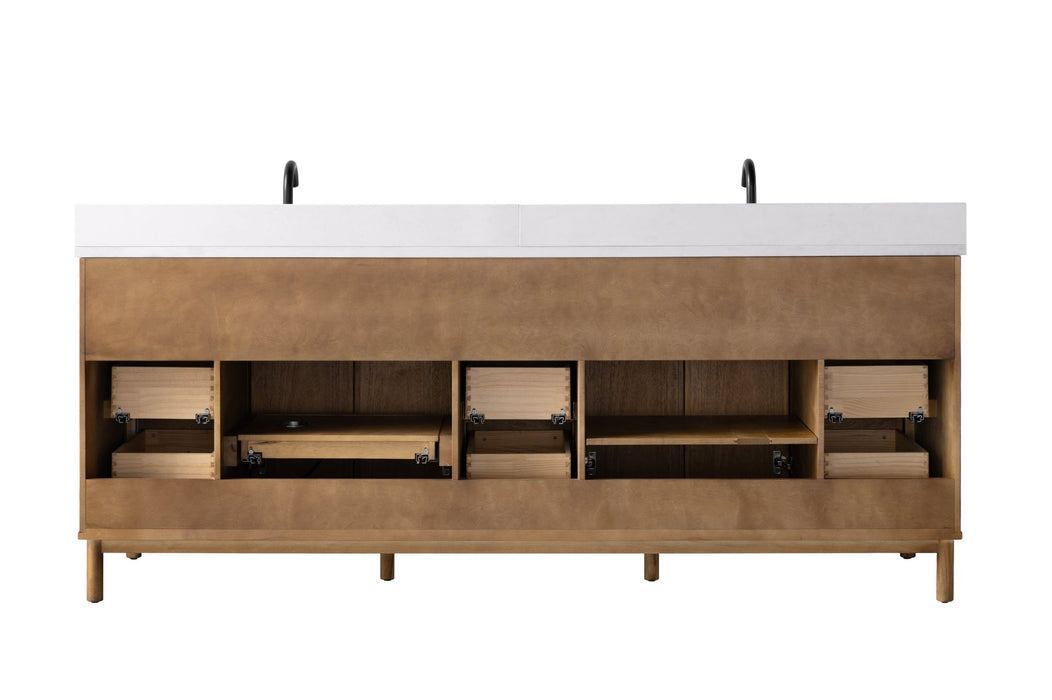 84" Double Sink Freestanding Bathroom Vanity with Milano Mist Engineered Stone Countertop, Integrated Ceramic Sink, Hidden Power & USB Charging Station and Hair Dryer Storage VA1284D - HomeBeyond
