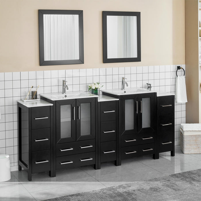 84" Double Sink Modern Bathroom Vanity Set with Ceramic Top & Free Mirrors – Large Storage Cabinet with 3 Side Cabinets VA3024-84 - HomeBeyond