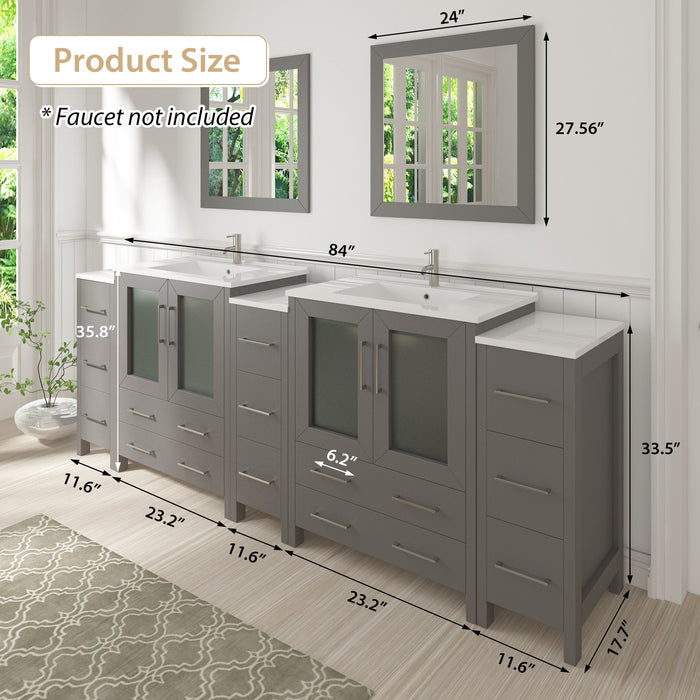 84" Double Sink Modern Bathroom Vanity Set with Ceramic Top & Free Mirrors – Large Storage Cabinet with 3 Side Cabinets VA3024-84 - HomeBeyond