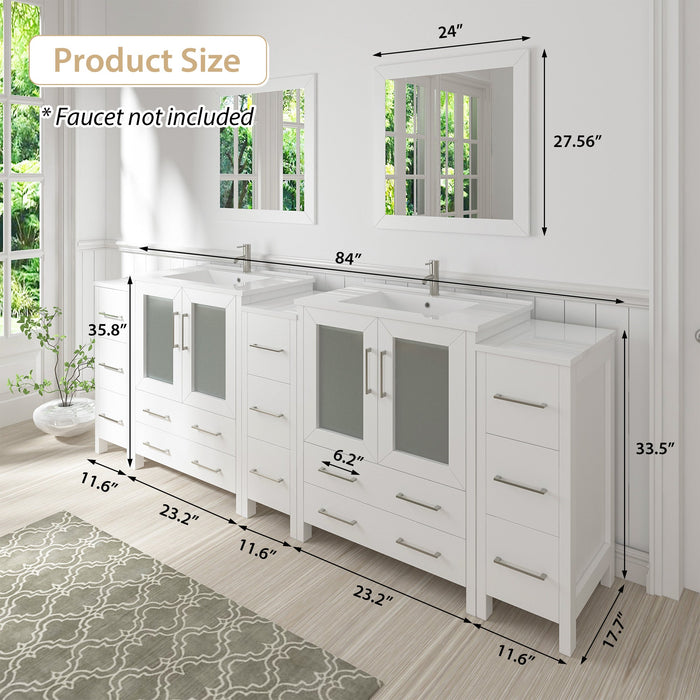 84" Double Sink Modern Bathroom Vanity Set with Ceramic Top & Free Mirrors – Large Storage Cabinet with 3 Side Cabinets VA3024-84 - HomeBeyond