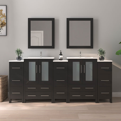 84" Double Sink Modern Bathroom Vanity Set with Ceramic Top & Free Mirrors – Large Storage Cabinet with 3 Side Cabinets VA3024-84 - HomeBeyond