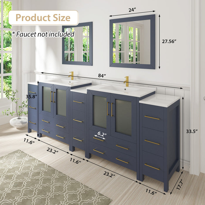 84" Double Sink Modern Bathroom Vanity Set with Ceramic Top & Free Mirrors – Large Storage Cabinet with 3 Side Cabinets VA3024-84 - HomeBeyond