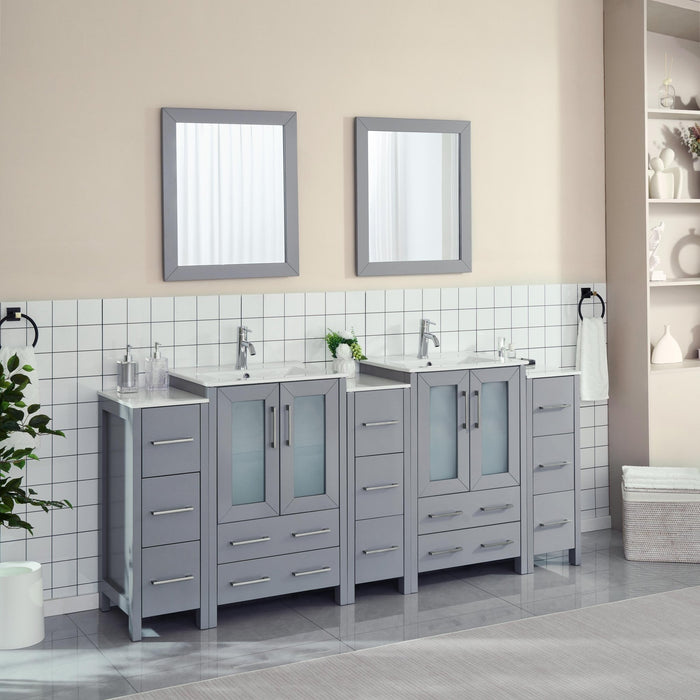 84" Double Sink Modern Bathroom Vanity Set with Ceramic Top & Free Mirrors – Large Storage Cabinet with 3 Side Cabinets VA3024-84 - HomeBeyond