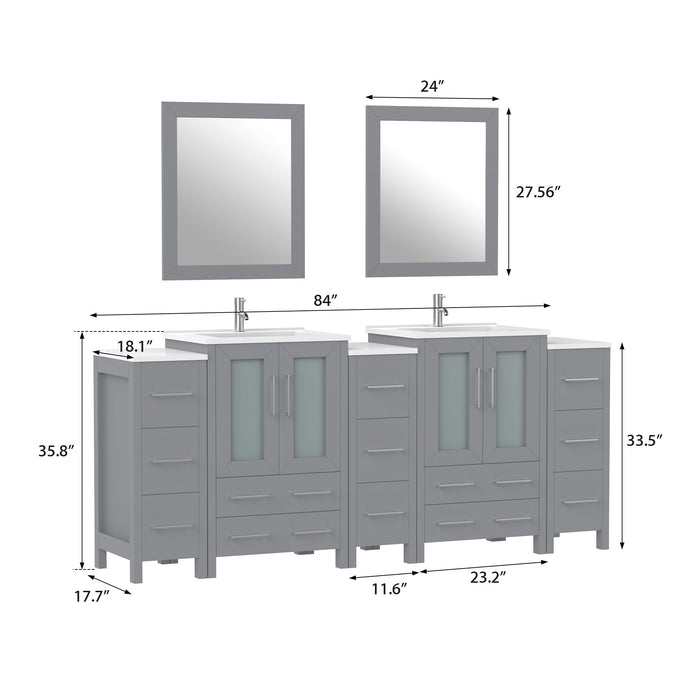 84" Double Sink Modern Bathroom Vanity Set with Ceramic Top & Free Mirrors – Large Storage Cabinet with 3 Side Cabinets VA3024-84 - HomeBeyond
