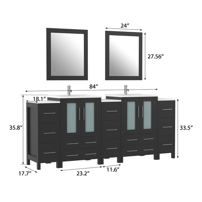 84" Double Sink Modern Bathroom Vanity Set with Ceramic Top & Free Mirrors – Large Storage Cabinet with 3 Side Cabinets VA3024-84 - HomeBeyond